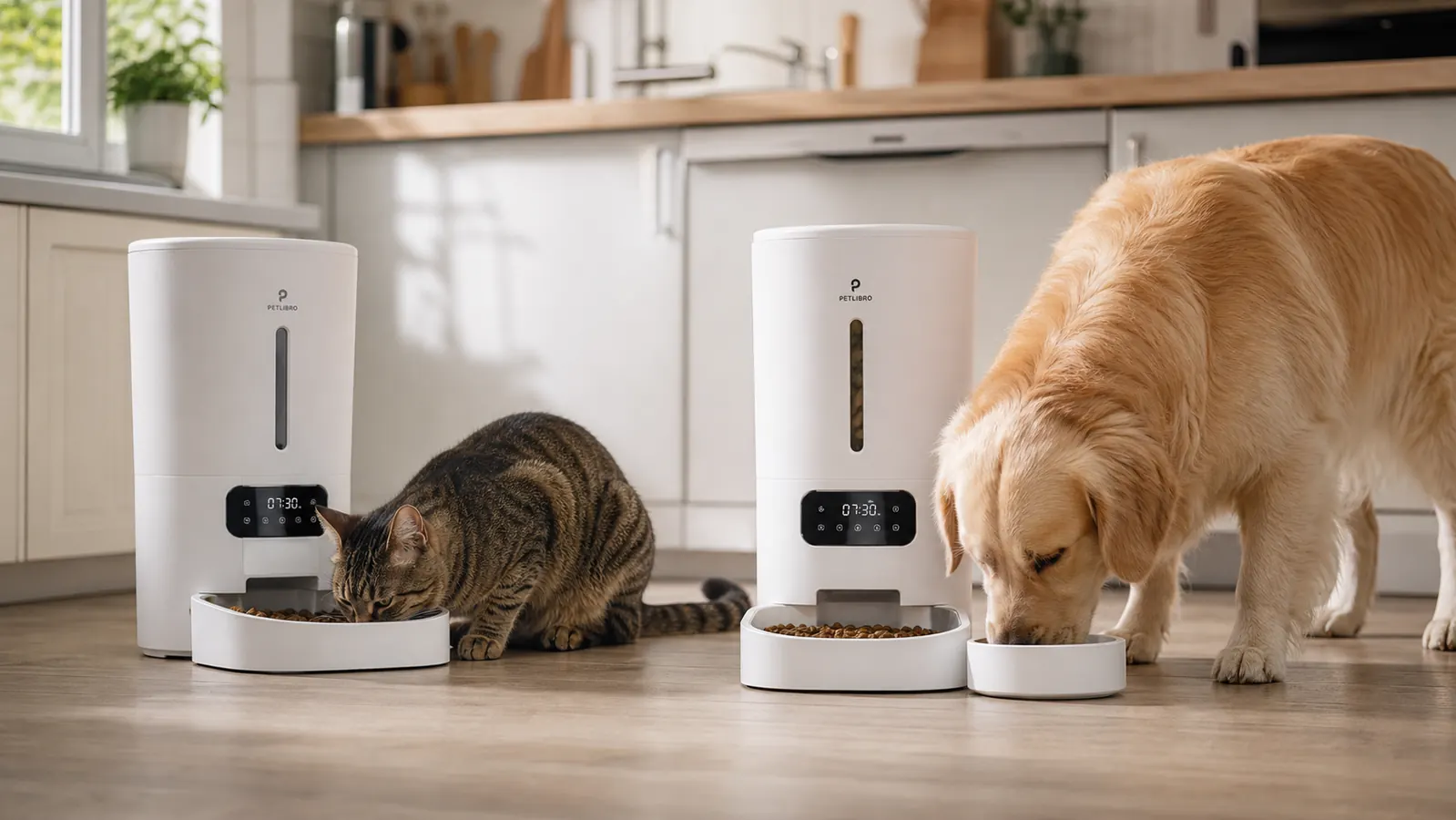 Hand tapping a phone app to set a feeding schedule, with the PETLIBRO feeder visible on the counter in the background