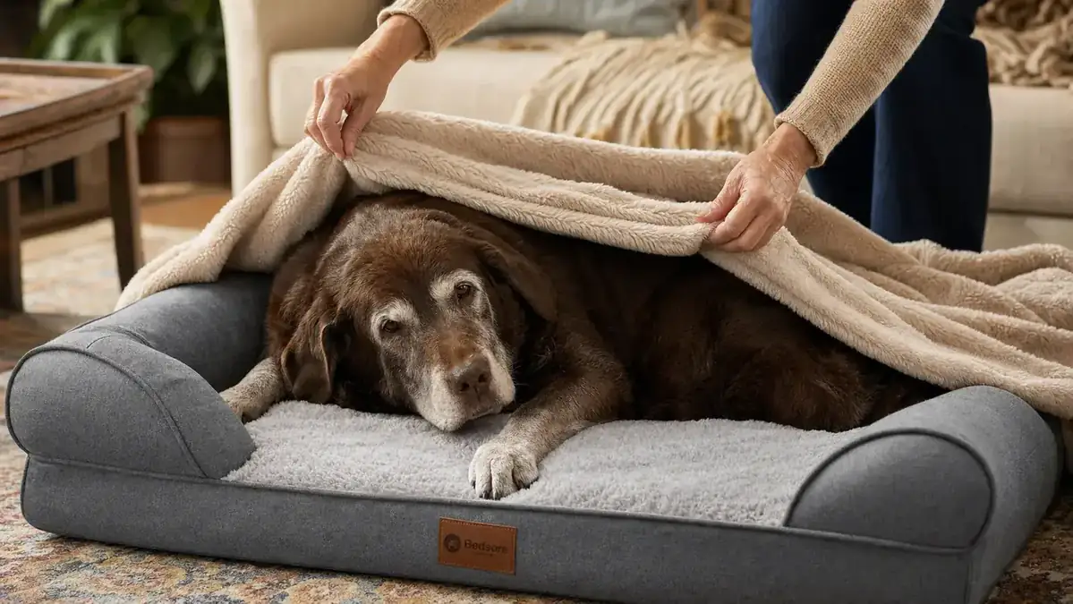 Dog owner unzipping and removing the cover from an orthopedic dog bed near a washing machine