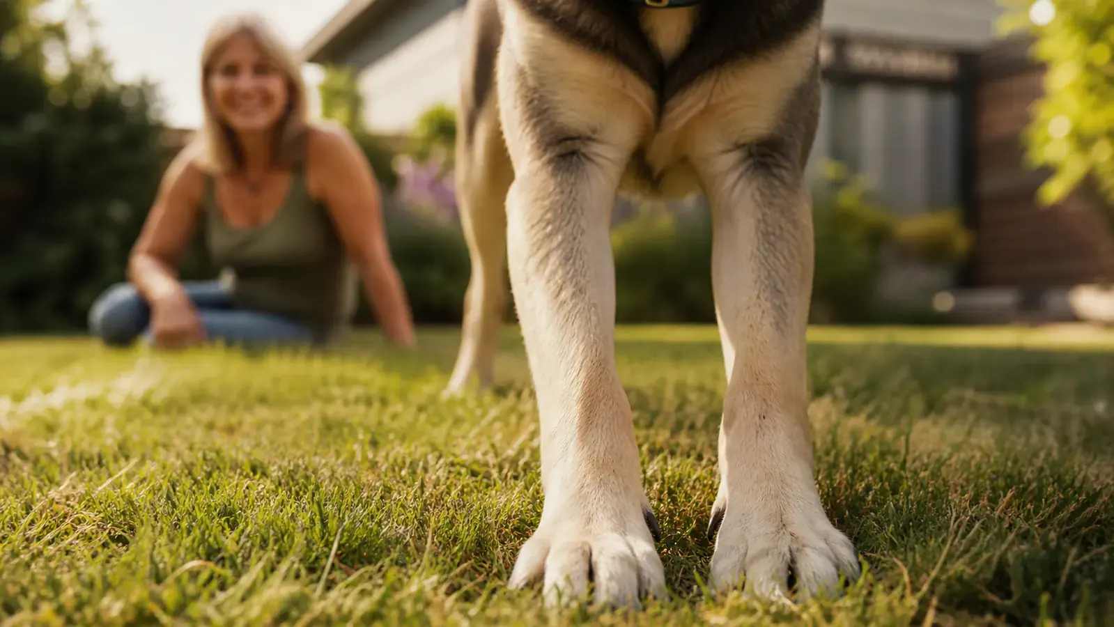 Older woman walking a happy yellow Lab on a leaf-covered neighborhood sidewalk in autumn