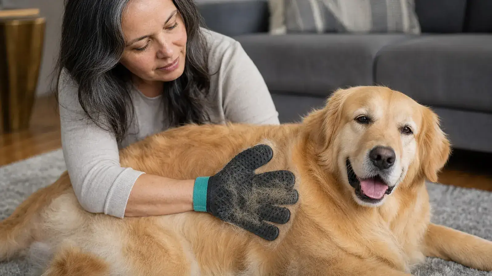 Close-up of the Pat Your Pet double-sided brush resting on a kitchen counter next to a clump of harvested dog fur