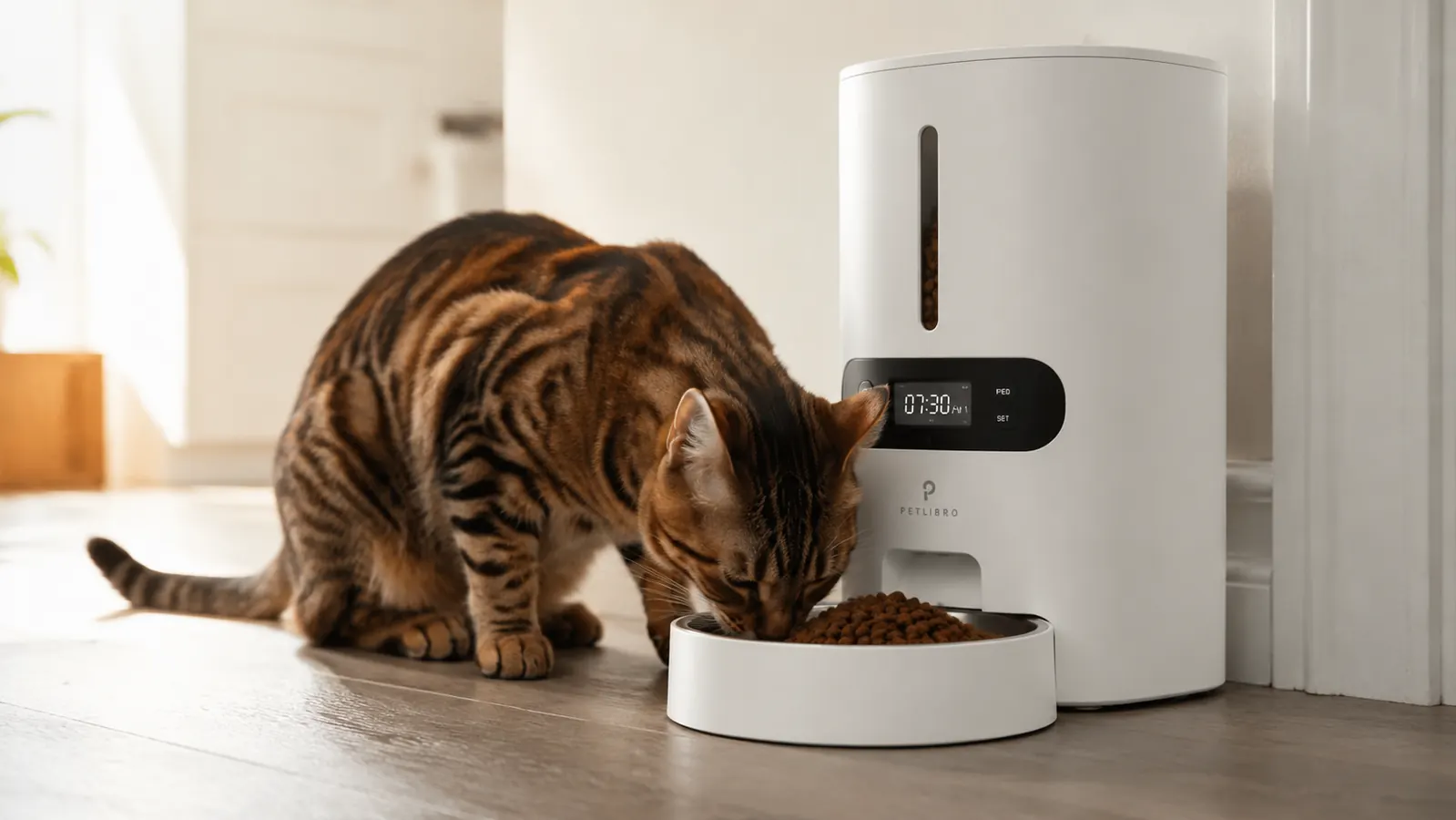 Woman's hand pressing a button on a white automatic pet feeder to dispense kibble into the bowl below