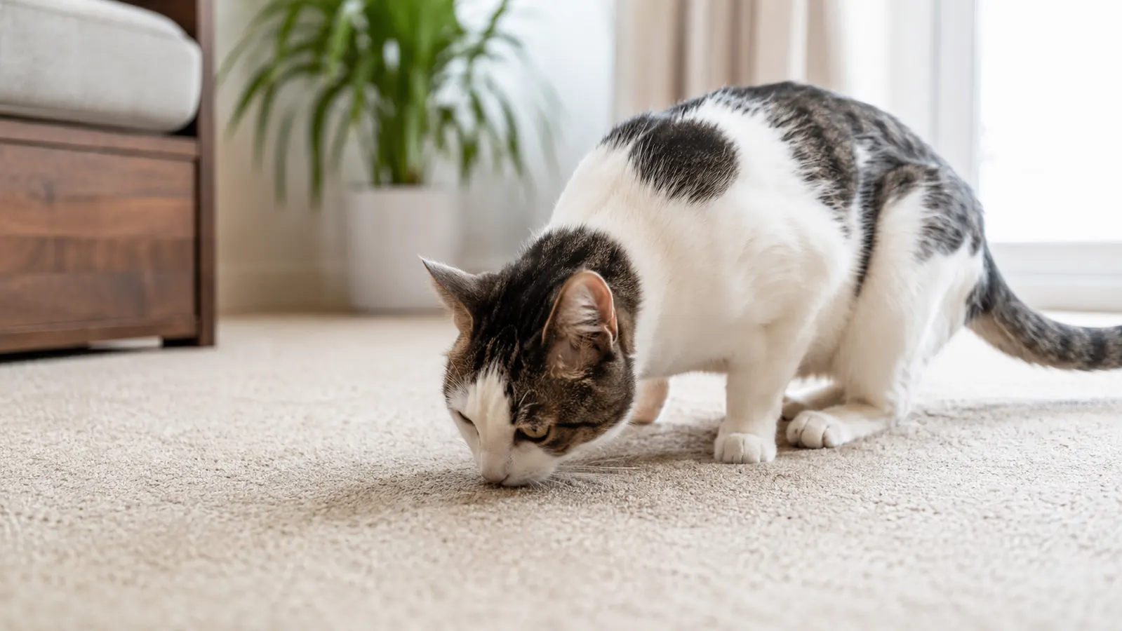 Happy tabby cat lying on clean carpet, relaxed, away from the corner