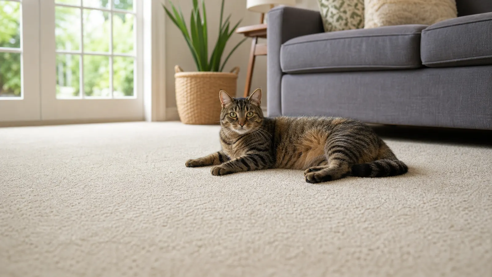 Dry white towels stacked on a clean carpet next to a pet enzyme cleaner bottle after successful stain treatment